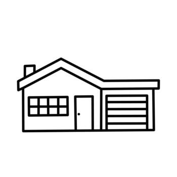 Black and white outline icon of a modern one-story house with attached garage and large front window. Ideal for property and architecture projects vector