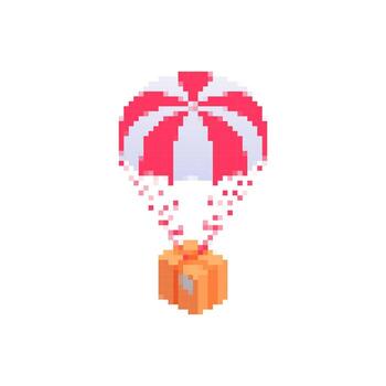Mosaic pixelated parachute with stripe design and attached box in retro style icon vector