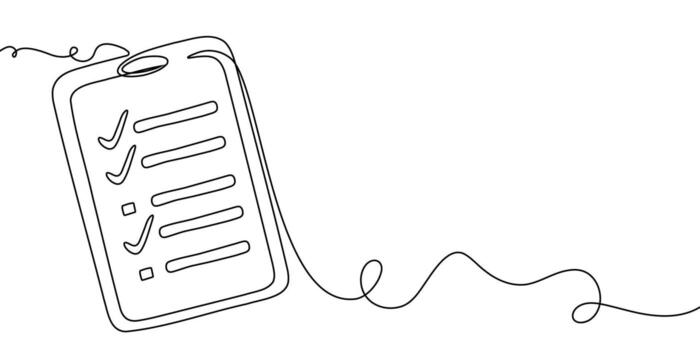Art one line document continuous icon list illustration single check clipboard. One art line test checklist survey data pen paper business report doodle notebook agenda sketch board form. vector