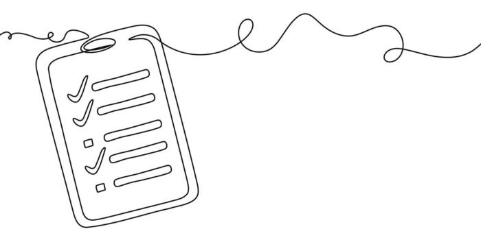 Line one art continuous icon document list illustration single check clipboard. Art line one checklist data survey test pen paper business report doodle notebook agenda sketch board form. vector