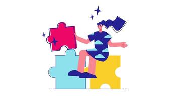Illustration Animation of 2D Woman Sitting on Puzzle Piece, Problem Solving and Strategy in 4K video