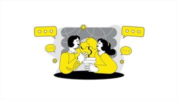 Man and Woman Sitting with Speech Bubbles and Light Bulb, Problem Solving 2D Animation 4K video