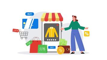 Woman Standing Near Shopping Cart with Phone, Fast Delivery and Online Shopping Animation 4K video
