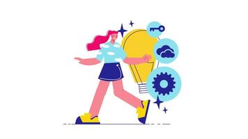 2D Woman with Light Bulb, Eureka Moment and Problem Solving Concept Illustration Animation in 4K video