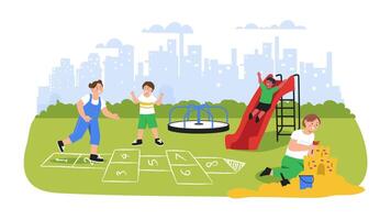 Children Playing in Park, Outdoor Fun and Recreation Scene, Joyful 2D Animation in Crisp 4K video