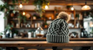 A hat sits on a wooden table in a restaurant photo