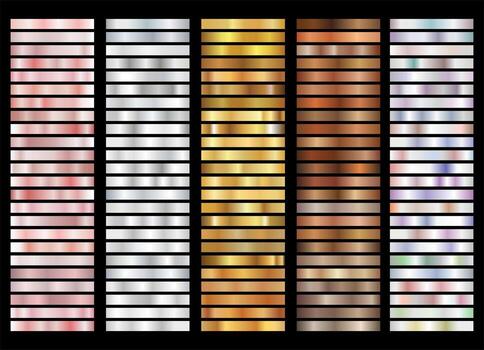 Shiny and metallic gradient collection for border frame ribbon label design Gold rose silver bronze and copper texture gradation background set vector