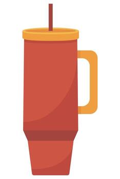 Red Travel Mug with Handle and Straw Flat Design. Insulated Drink Container vector