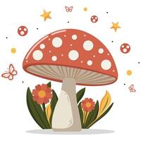 Red Toadstool Mushroom with White Spots and Floral Decor. Stylized Fly Agaric with Decor vector