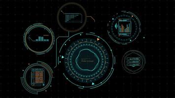 Animated display with HUD and infographic elements for digital data processing video