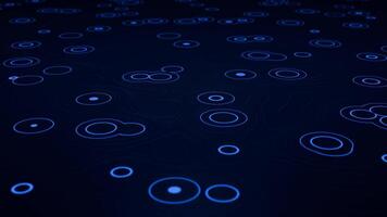 trogen blå abstrakt tech bakgrund med lysande digital cirklar och topografisk kontur rader. ljus runda element animering för vetenskap fiktion, modern konst och musik prestanda. 4k 60 fps video