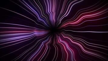 VJ loop animation of liquid tunnel with glowing neon stripes in style of night club illumination. Abstract background with dark striped corridor and smooth waves of bright light lines. Looped 4K 60fps video