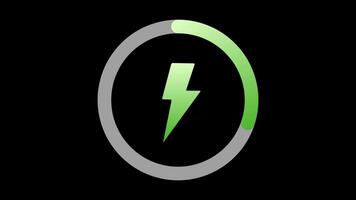 Green battery charging animation with power icon isolated on a black background video