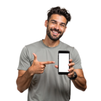 A man holding up a smart phone with a blank screen png