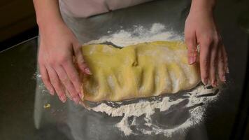 hand stretching and pulling dough to shape into a loaf of bread , sourdough baking prep no knead bread recipe pull, stretch, close up, sticky flour doughy bubbles video