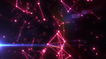 Glowing pink digital mesh of interconnected points on dark background with futuristic design elements and light flares video