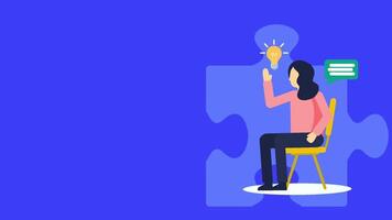 Animated end screen, Female host waves goodbye,Thanks for watching,in speech bubble. Features lightbulb for ideas and puzzle piece on blue background. video