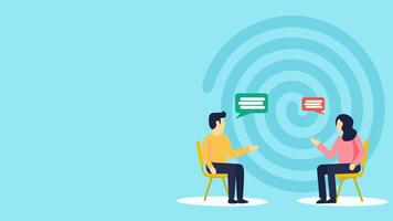 platt design animering två människor brainstorming och delning kunskap till hitta lösningar. funktioner riklig kopia utrymme, perfekt för lagarbete och samarbete teman. video