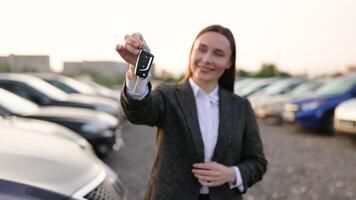 A smiling woman holds car keys in front of a car lot, likely after purchasing a vehicle. video