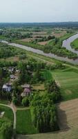 antenne visie van een weelderig groen landschap met een kronkelend rivier. velden en bomen omringen klein huizen, presentatie van landelijk kalmte en natuurlijk schoonheid. video