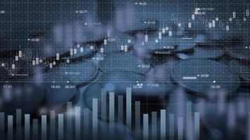 antecedentes financiero datos visualización con creciente gráficos y analítica interfaz. Finanzas inversión con dispersado monedas y grafico gráfico valores intercambio. video