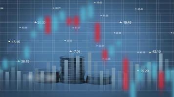 gráfico Renderização do financeiro dados, apresentando castiçal gráficos, número, Métricas sobreposições, e moeda pilha. moderno economia, finança, e analytics conceitos visualizado. video