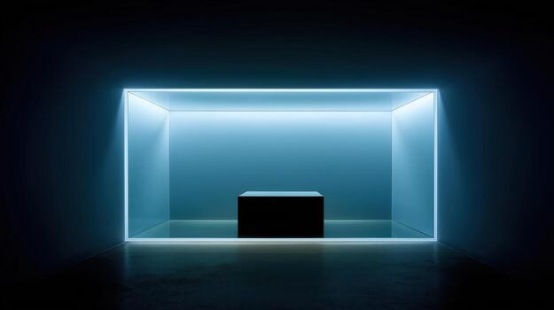 Illuminated cube structure with dark centerpiece for abstract modern art display or product showcase photo