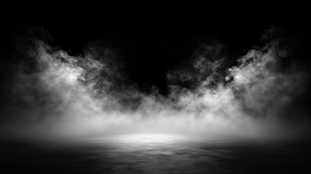 Dramatic fog hovers over a dark, reflective floor in monochrome, creating a mysterious atmosphere photo