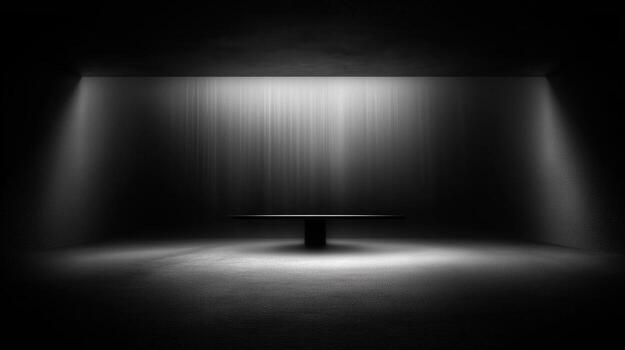 Monochrome room with table in center, illuminated by spotlight, creating dramatic and moody atmosphere photo