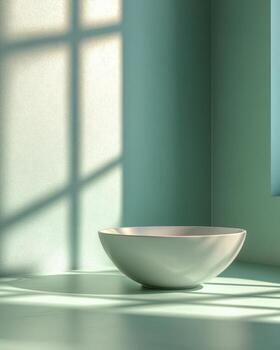 Turquoise green podium featuring a simple bowl, capturing calming sunlight and shadows, creating a serene atmosphere during morning hours, ideal for home decor displays or art showcases photo
