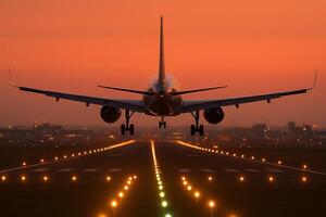 Airplane Landing on Runway at Dusk with Orange Sky and City Lights photo