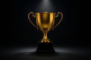 Golden Trophy on Black Base Bathed in Spotlight Symbolizing Achievement and Success photo