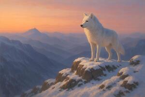 White Wolf Standing on Snowy Peak Overlooking Mountain Range at Sunset photo