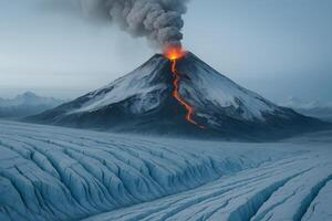 Volcanic Eruption Spewing Lava on Snowy Mountain with Glacier in Foreground photo