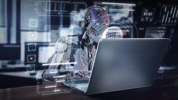 Robot using laptop with hologram showing futuristic data analysis software video