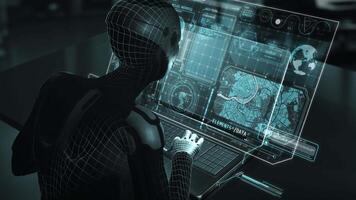 trådmodell ai robot analyserar data på trogen bärbar dator med holografiska visa video