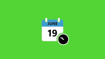 resumen calendario icono junio 19 con reloj icono animación aislado en verde antecedentes video