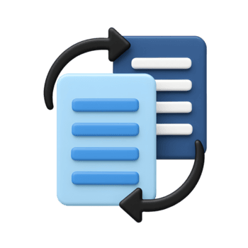 3d dibujos animados ilustración de datos sincronización con dos documentos y circular flechas aislado en transparente antecedentes png