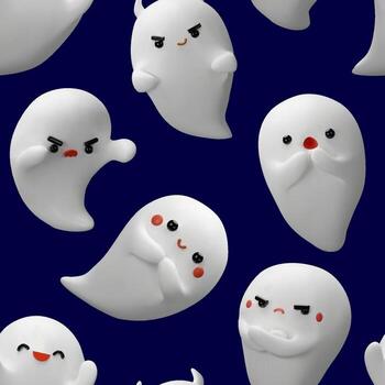 A seamless Halloween pattern featuring various expressive 3D ghost characters on a dark navy background. Festive wrapping paper, fabric prints, party decorations, or digital backgrounds. vector