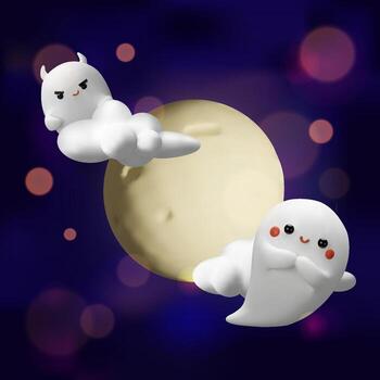A 3D Halloween composition showing two charming ghost characters floating in front of a glowing full moon. Soft clouds and dreamy bokeh effects create a magical and festive night scene. vector