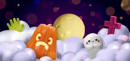 un formato amplio Víspera de Todos los Santos ilustración presentando un brillante enojado calabaza, un linda fantasma, un Siniestro verde zombi mano, un lápida sepulcral cruzar. pancartas, encabezados, invitaciones, estacional sitio web cubre vector
