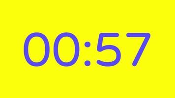 1 minuut countdown timer Aan geel achtergrond met Purper nummer Scherm geschikt voor technologie, urgentie, tijd beheer concepten, sociaal media berichten, blog kopteksten video