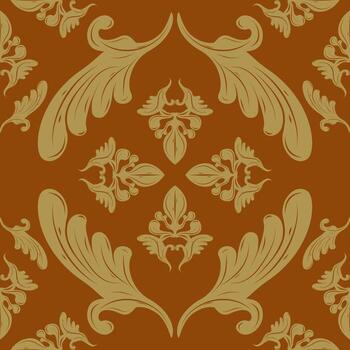 Opulent damask pattern in a symmetrical layout, featuring leaf and crown-like elements in soft ochre tones over a reddish brown base. Suitable for high-end fabrics, luxury seamless Jacquard, wallpaper vector