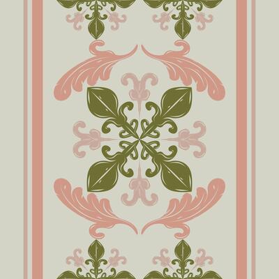 Vertical stripe layout with botanical floral crests in pastel rose and olive green. Delicate sweet old money vibe for wallpaper previews, ribbons, wedding branding, royal silk, embroidery handicraft