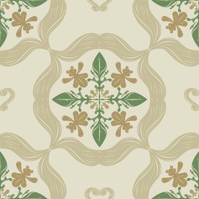 Flowing curved layout with interconnected leaves and a central flower crest. Pale Celadon Royal Gold Seamless Pattern ornament graceful tile style for wrapping, branding, old-world inspired textiles.