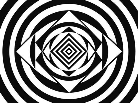Abstract op art geometric design with concentric circles and square shapes in black and white vector