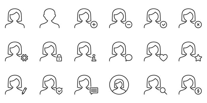 usuario perfil administración icono colocar. usuario interacción, privacidad, y cuenta ajustes contorno símbolo recopilación. agregar, eliminar, editar y seguridad concepto. editable ataque. aislado ilustración vector