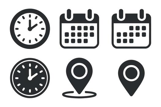 Set of Time and Location Icons Depicting Schedule, Appointment, and Navigation on a Clean White Background vector