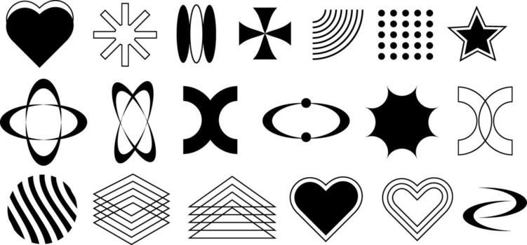 Set of Y2K abstract shapes. Graphic objects for logo, icon, web design in black. illustration. vector