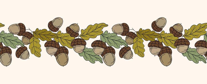 Fall Acorns Seamless Design. Horizontal Fall Background. Autumn Line Art Drawing. Fall Flower Design. Fall Botanical garland seamless. Border Frame vector